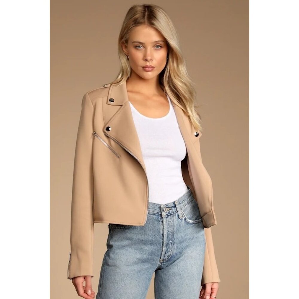 Lulus Living On the Edge Taupe Tan Moto Scuba Jacket w/Pockets Size M Cropped